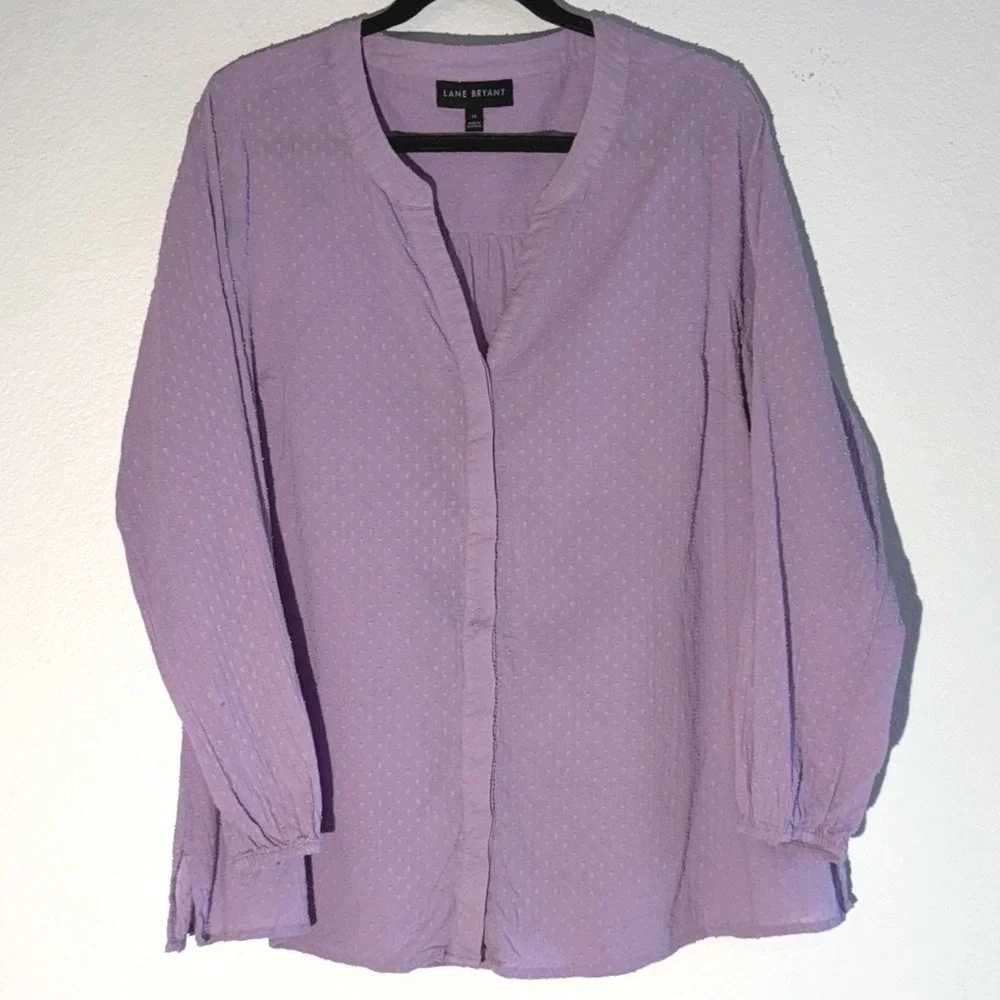 Lane Bryant Lavender Purple Swiss Dot Button‎ Front Blouse Top Size 14 Womens